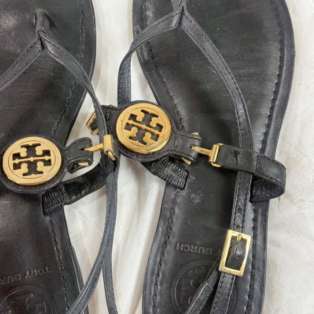 Tory Burch Black Leather Logo Embellished Flat Thong Slingback Sandals SZ 6.5 M - Picture 6 of 13